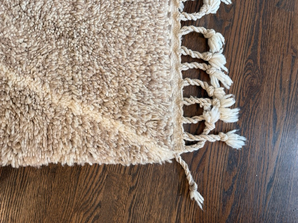 Close-up of La Douceur rug showing high-pile texture and hand-knotted fringe detail